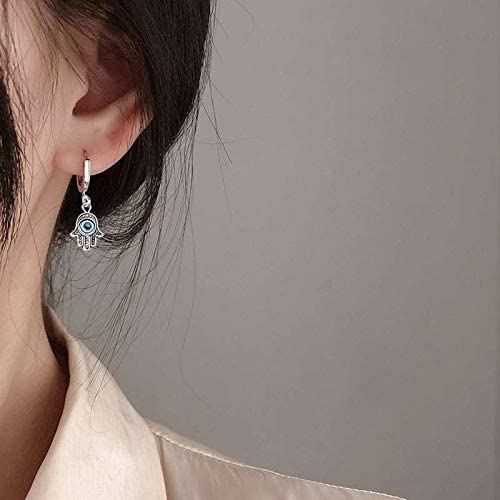 El Regalo 1 Pair Evil Eye Hamsa Hand Dangle Hoop Earrings - Silver, Dainty Blue Evil Eye Small Simple Hypoallergenic Earrings for Girls & Women