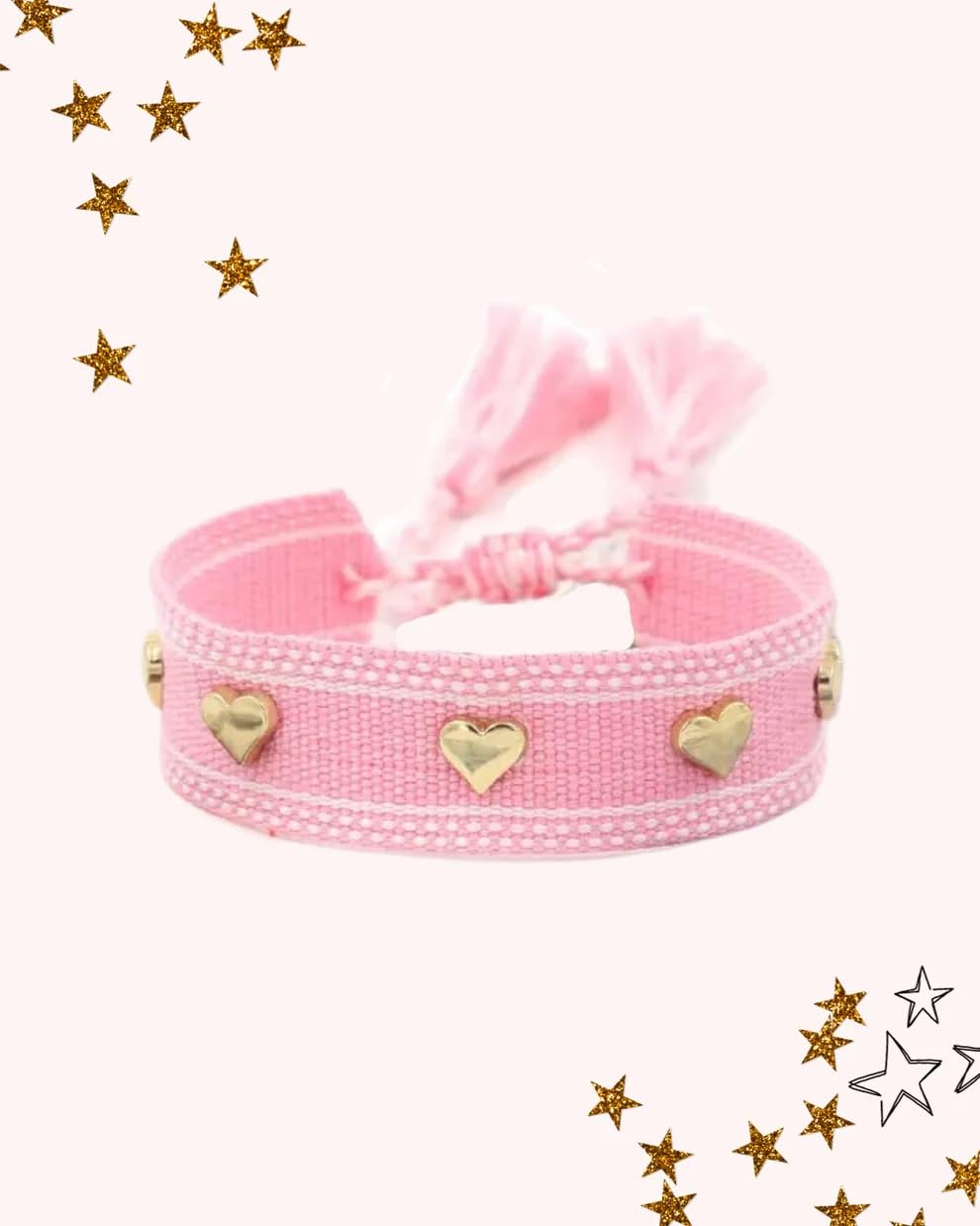 El Regalo Bohemian Style Heart Charm Rivet Tassel Unisex Bracelet | Handcrafted Woven Rope Bracelet with Golden Heart Charms and Adjustable Knot Closure (Pink)