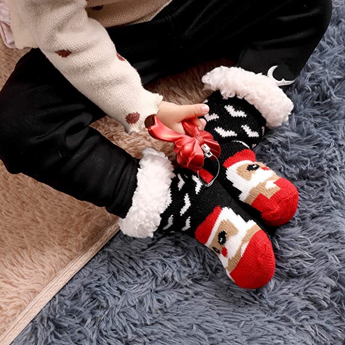 El Regalo 1 Pair Thermal Fluffy Casual Socks For Kids- Girls/Boys - Soft Warm Fleece Lining Knitting Non-Slip Winter Slipper Socks - Christmas Santa, Heart & Giraffe (Red Santa Socks, 3-6 Years)