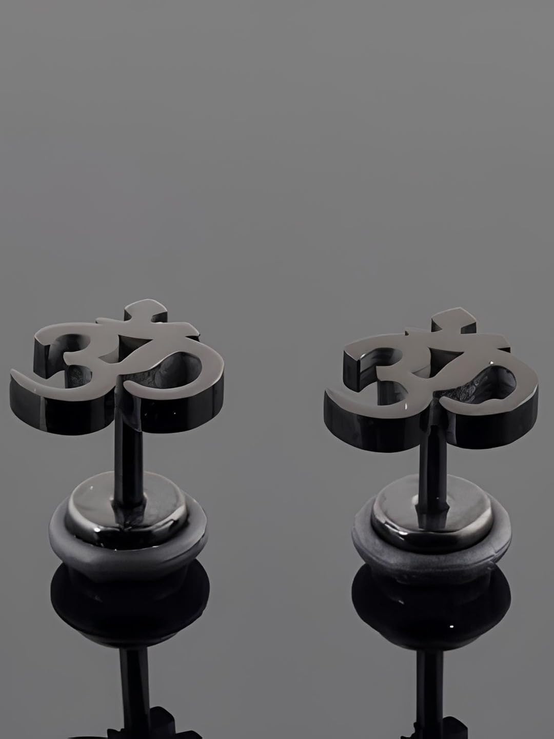 El Regalo 1 Pair Stainless Steel OM Stud Earrings for Boys/Men- Anti Tarnish, Waterproof OM Religious/Meditation Jewelry (Black)