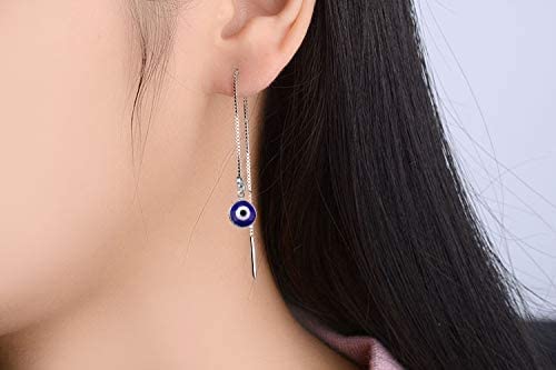 El Regalo 1 Pair Evil Eye Hamsa Hand Earrings - Small Dangle Hoop Earring Dainty Blue Evil Eye Small Simple Hypoallergenic Earrings for Girls & Women (Round Evil Eye Threader)