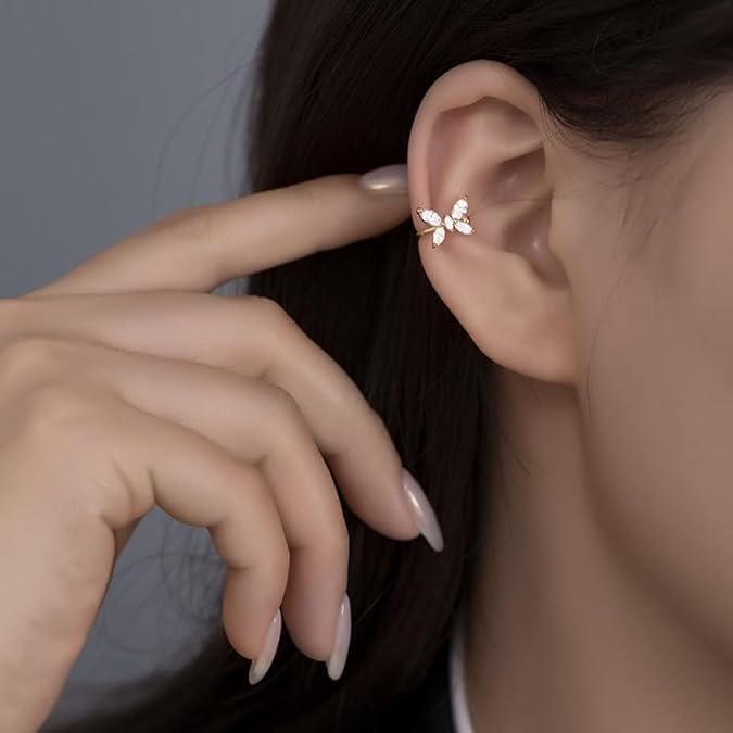 El Regalo Cute CZ Butterfly Ear Cuffs for Non-Pierced Ears - Trendy Non-Piercing Cartilage Cuff Wrap Clip-On Earrings - Rhinestone Fake Earrings for Girls & Women