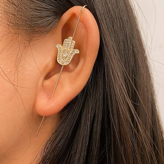 El Regalo 1 Pair Fancy Western Ear Wrap Needle Ear Crawler Earrings - Inlaid Zircon, Elegant Ear Cuff Climber Hook Earrings for Women Girls (Stylish Hamsa Hand Ear Crawler)