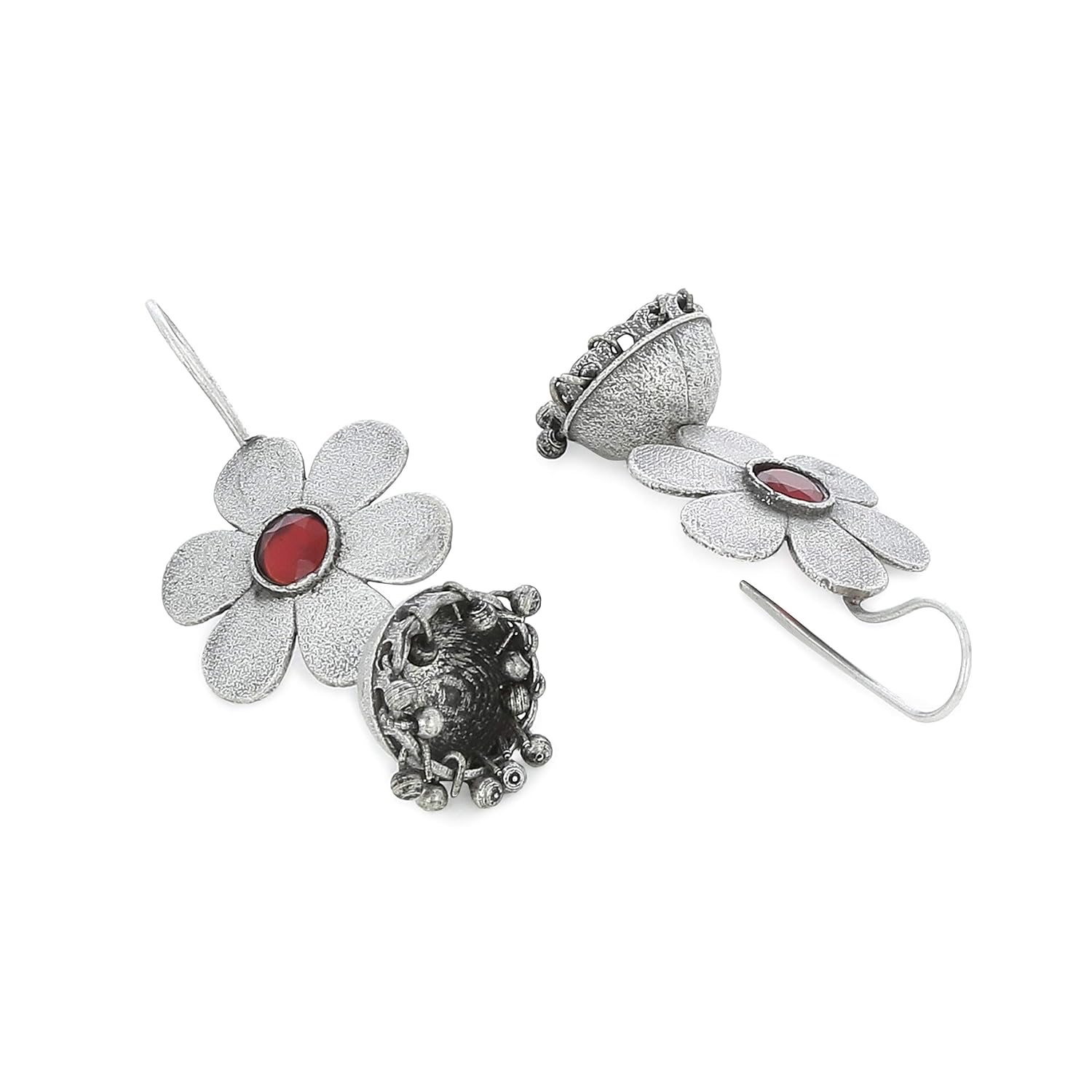 El Regalo Beautiful Small Traditional Ethnic Bollywood Style Vintage Floral Jhumka Earrings for Women & Girls in Antique Oxidized Silver Finish (Red)