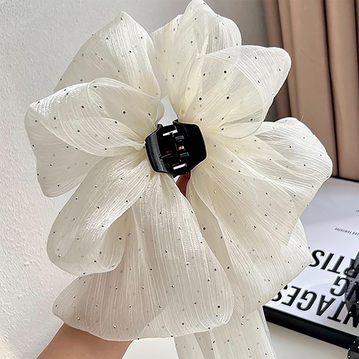 El Regalo Shimmering Big Bow Hair Claw Clips for Girls & Women- Fancy Chiffon Silk Hair Clip with Rhinestone, Large Hair Jaw Clips, Fabric Floral Bows Hair Accessories (Black)