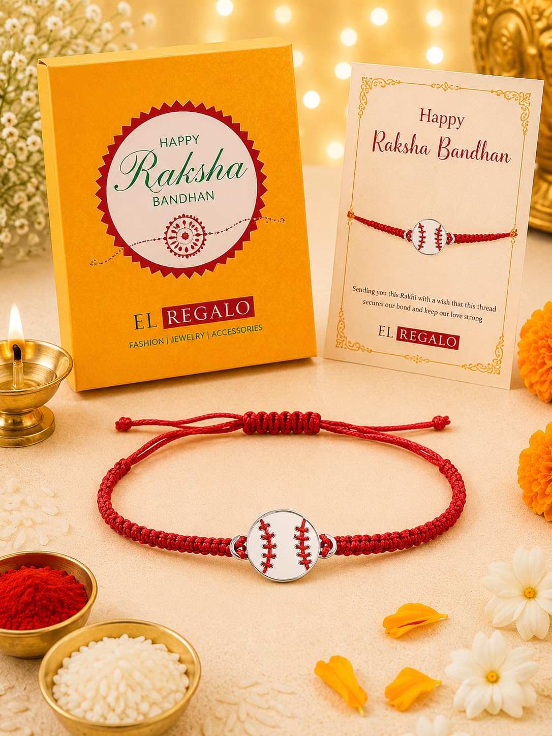 El Regalo 1PC Sports Balls Rakhi for Brother- Cute & Fancy Balls Bracelet Rakhi for Sports Lover Brother with Roli Chawal in Rakhi Gift Box (Baseball)