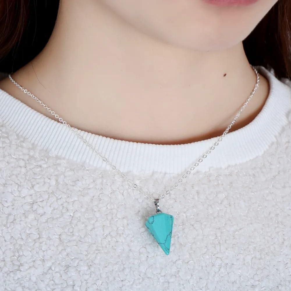 El Regalo 1PC Natural Stones Pointed Pendulum Unisex Pendant Necklace- Natural Healing Stones Peandant Chain Necklaces- Reiki healing/Feng shui (Blue Turquoise)