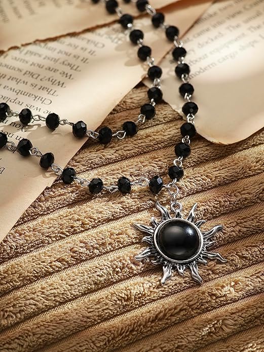 El Regalo Gothic Black Bead Sun Pendant Choker Necklace for Women & Girls - Vintage Goth Boho Jewelry | Statement Sun Charm Beaded Necklace for Party, Festival, Casual (Black Onyx)