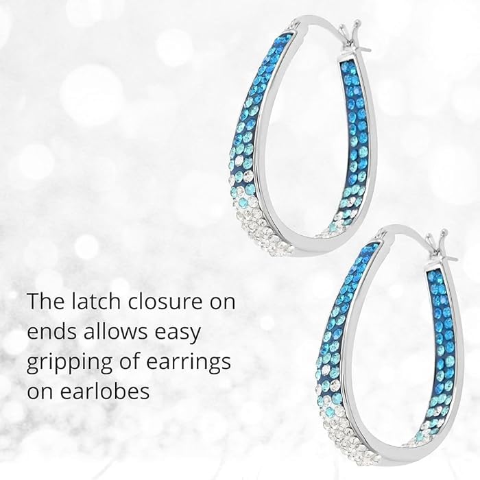 El Regalo Elegant Oval Crystal Hoop Earrings for Girls & Women- Silver Plated Sparkle Bling CZ Inside Out Earrings (Gradient Blue)