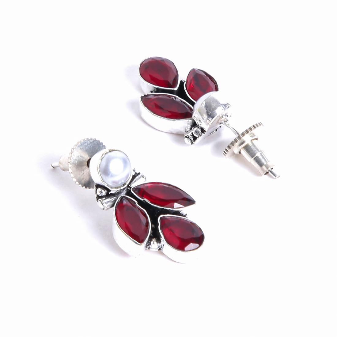 El Regalo Pearl Earrings, 925 Silver Plated Vintage Stones Pearls Stud Earrings for Women & Girls- Silver Lookalike Pearls Earrings (Red)