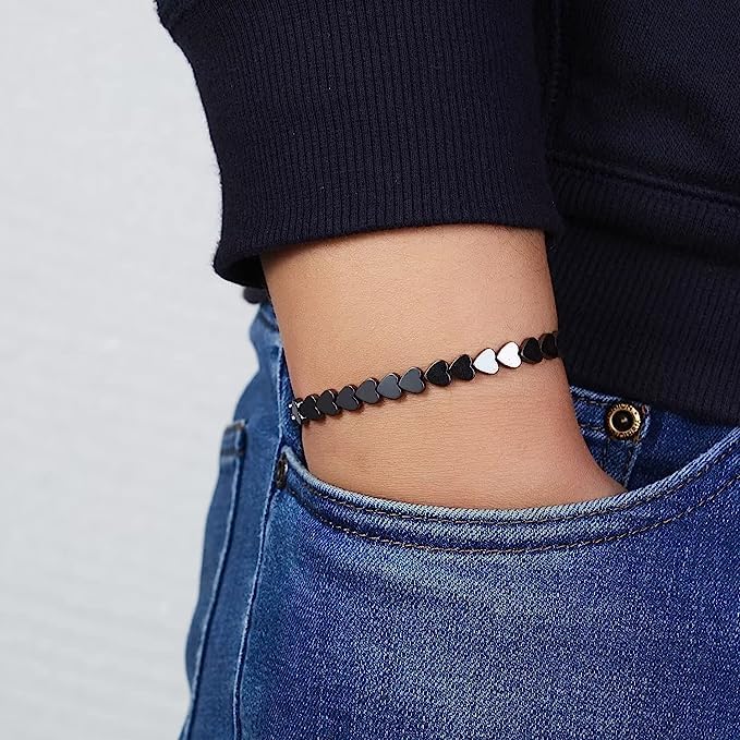 El Regalo Hematite Fine Beads Bracelet Rakhi for Brother- Polished Hematite Therapeutic Energy Healing Beads Rakhi with Roli Chawal, Message Card in Rakhi Gift Box for Bhai (Hearts)