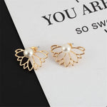El Regalo Lotus Flower Pearl Ear Jacket Earrings for Women & Girls - Front Back Double-Sided Hollow Lotus Flower Stud Earrings - Elegant Ear Cuffs with Pearl Design - 2 Wearing Styles (Gold)