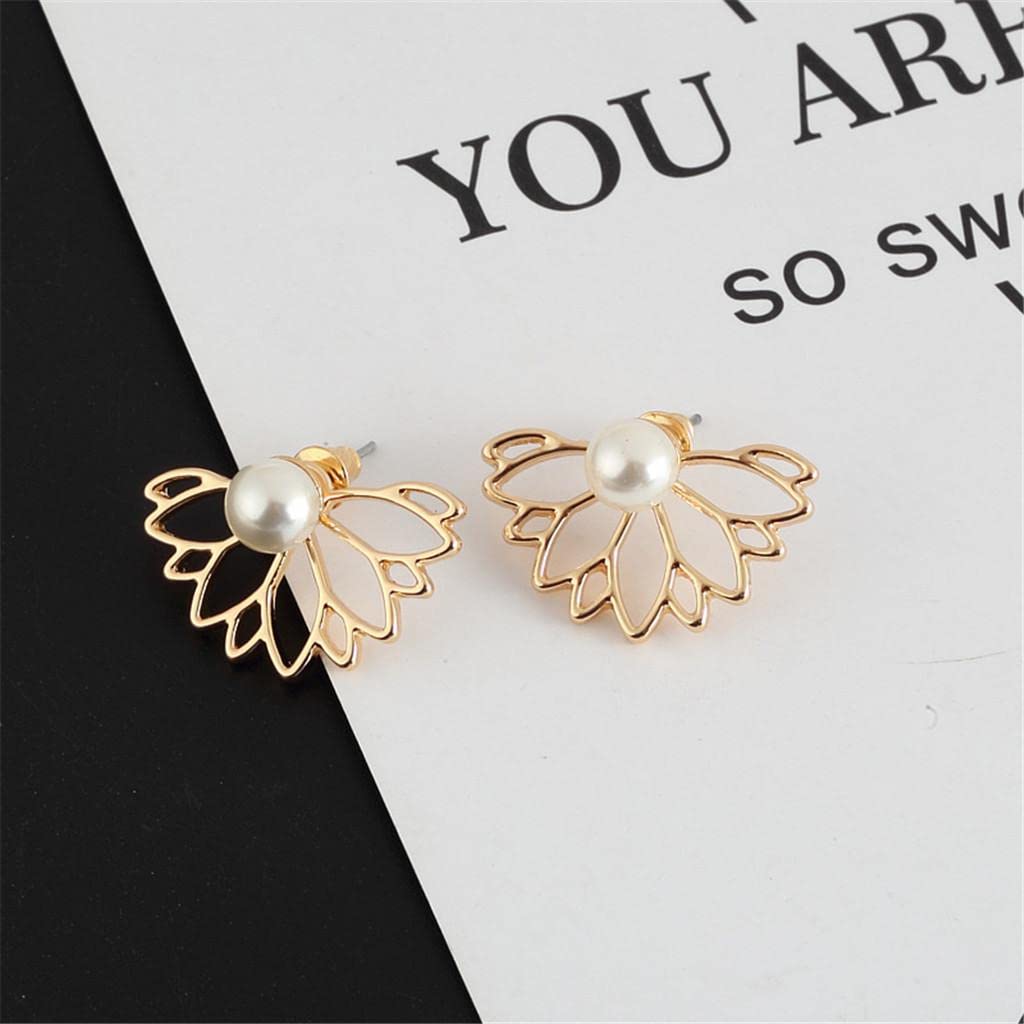 El Regalo Lotus Flower Pearl Ear Jacket Earrings for Women & Girls - Front Back Double-Sided Hollow Lotus Flower Stud Earrings - Elegant Ear Cuffs with Pearl Design - 2 Wearing Styles (Gold)