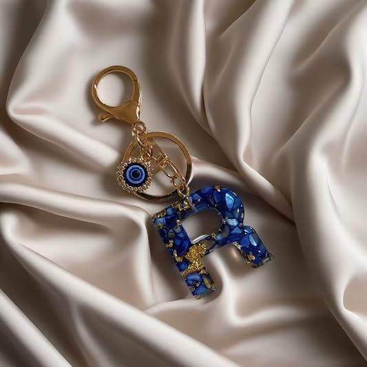 El Regalo Royal Blue Evil Eye Keychain Name Initial Letters- Alphabet Letter Keyring with Evil Eye Charm - Unisex Stylish Bag Charm, Keyring, Gift for Friends & Family (R Letter)