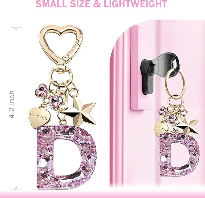 El Regalo Personalized Glitter Initial Letter Keychain for Girls & Women - Cute Pink Resin Alphabet Keyring with Heart & Star Charms - Fancy Luxury Bag Accessory & Birthday Gift (Letter D)