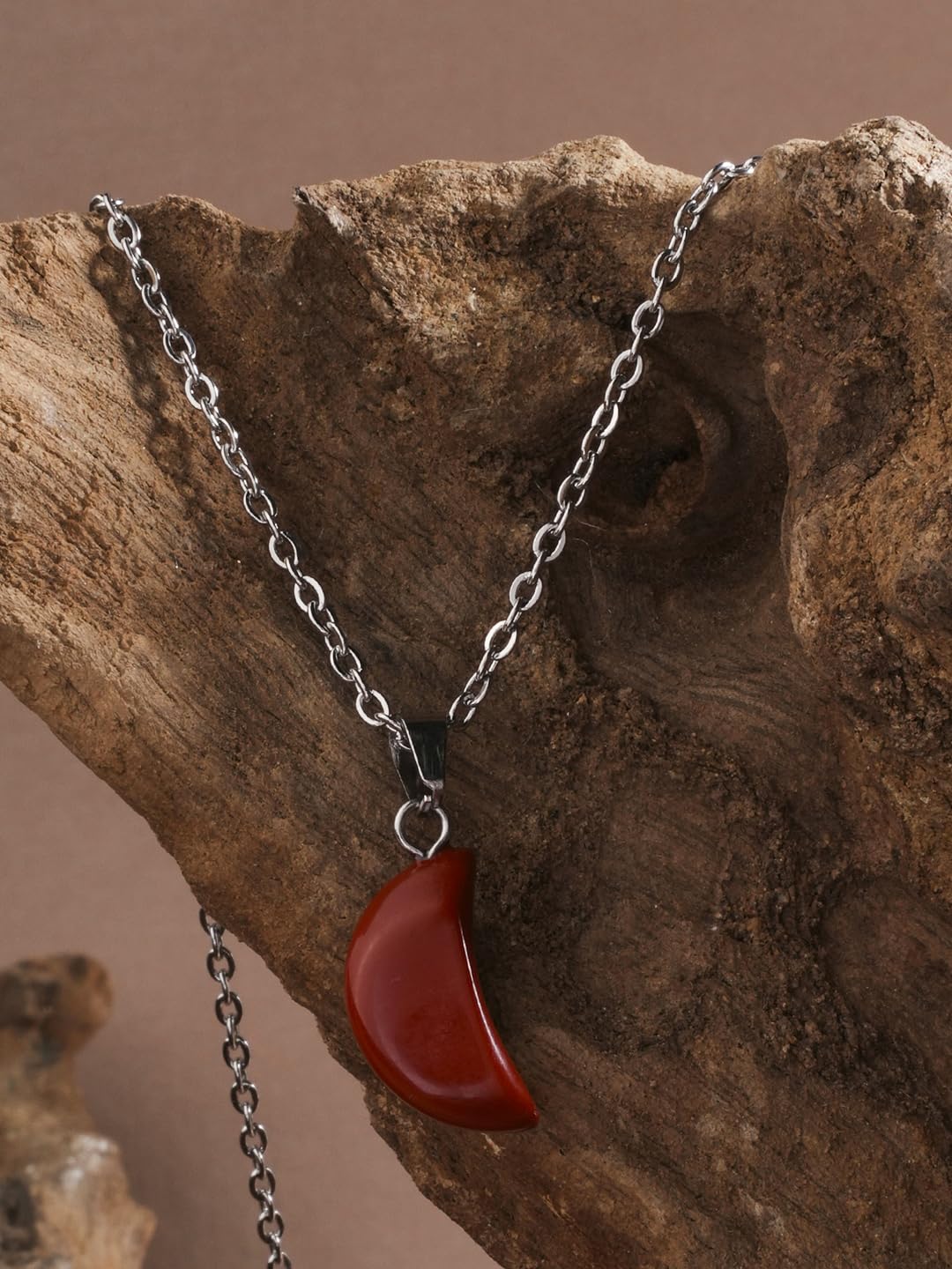El Regalo Beautiful Agate Crescent Moon Pendant Necklace with Stainless Steel Chain for Girls & Women (Brick Red Moon)