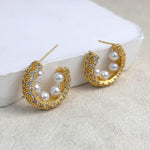 El Regalo Luxury Pearl & Zircon C Half Hoop Earrings for Women - 14K Gold Plated Pave Crystal Studs | Elegant Party Jewellery | Ideal Gift for Anniversary, Wedding & Birthdays (Gold)