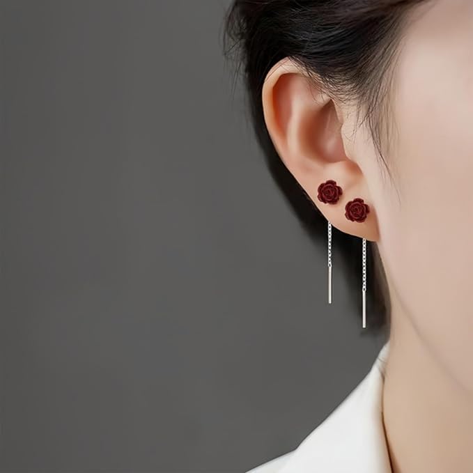 El Regalo Minimalist Flower Threader Earrings for Women & Girls | Cute Tiny Floral Chain Drop Earrings | Modern Style Dainty Long Tassel Earrings (Red Rose)