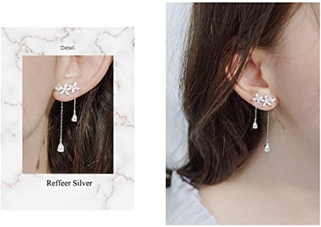 El Regalo 925 Silver Plated Dainty Flowers Threader Detachable Tassel Chain Leaves Wrap Earrings Crawler for Girls & Women