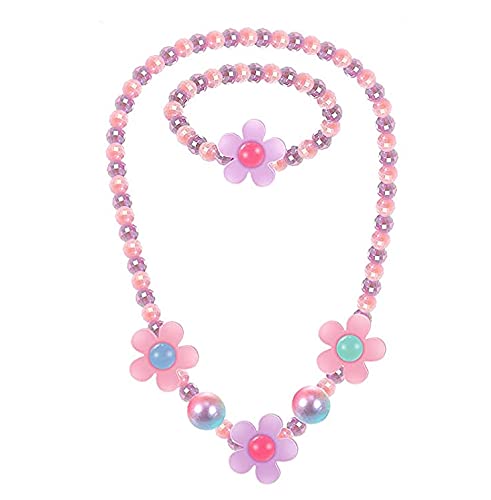 El Regalo 3 PCs Girl Princess Necklaces & Bracelets Jewelry Set with Colorful Flowers & Acrylic Beads - Kids Stretchy Chunky Costume Jewelry Gifts Party Favors Dress up Jewelry for Little Girl Toddler