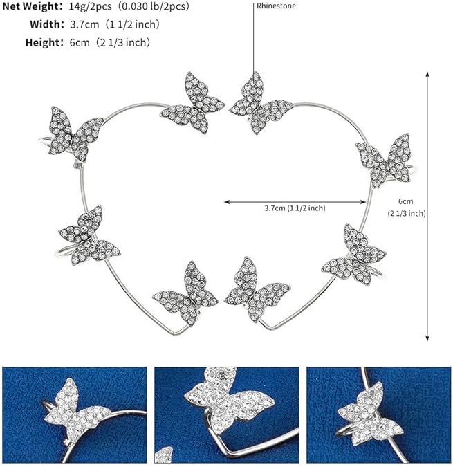 El Regalo 1 Pair CZ Butterfly Cuff Earrings for Non Pierced Ears- No Piercing Zircon Butterfly Wrap Crawler Ear Cuff Earrings For Women & Girls (Silver)