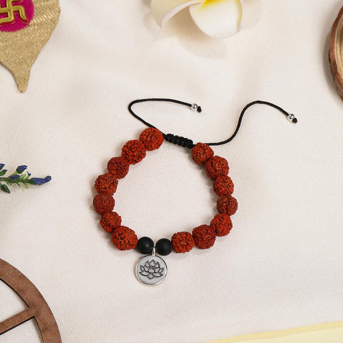 El Regalo Unisex 1 PC Natural Rudraksha Beads Adjustable Bracelet: Handmade Lord Shiva Rudraksha Beads Bracelet with Spritual OM/Aum, Budhdha, Lotus Charms (Silver Lotus Rudraksha Bracelet)