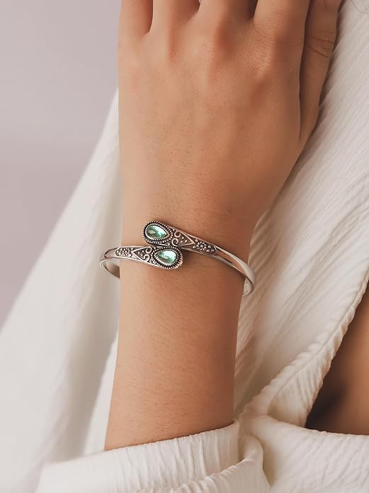 El Regalo Vintage Ethnic Style Inlaid Imitation Stone Cuff Bracelet - Adjustable Elegant Open Bangle for Women & Teenagers, Good for Small Wrists