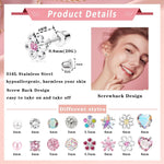 El Regalo 12 Pairs Cute & Tiny Screw Back Earrings Set for Women, Girls & Kids | 316L Stainless Steel Stud Earrings with Pearl, Heart, Flower & Star Designs | Comfortable Flat Back Screw Studs - Pink, Silver & Multicolor