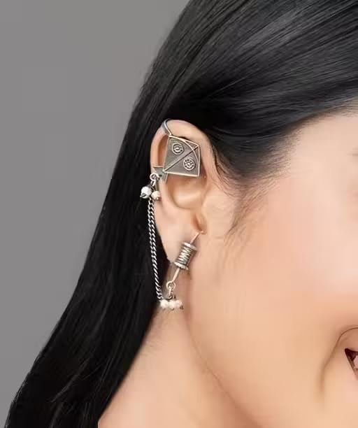 El Regalo Ethnic Oxidized Kite & Chkari Ear Cuffs - Handmade Silver Lookalike Ghunghru Earrings with Ear Clips for Women & Girls - Antique Brass Earrings with Chain Connection