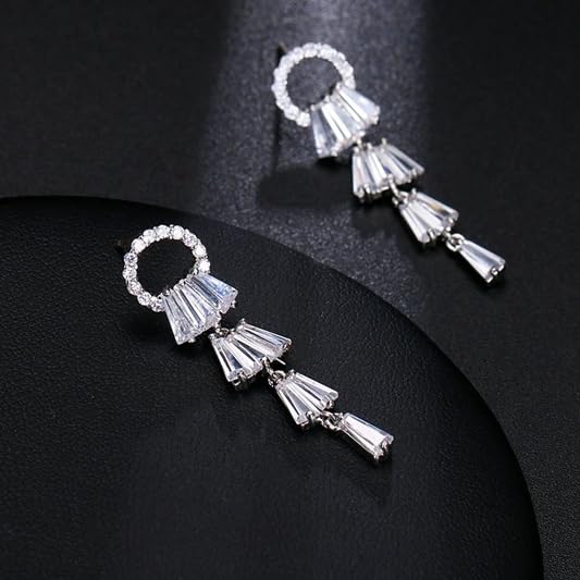 El Regalo Chandelier Earrings with Slender Crystal Baguettes - Silver Plated Drop Pendant CZ Earrings for Women & Girls - Full Paved Cubic Zirconia Crystal Hanging Earrings