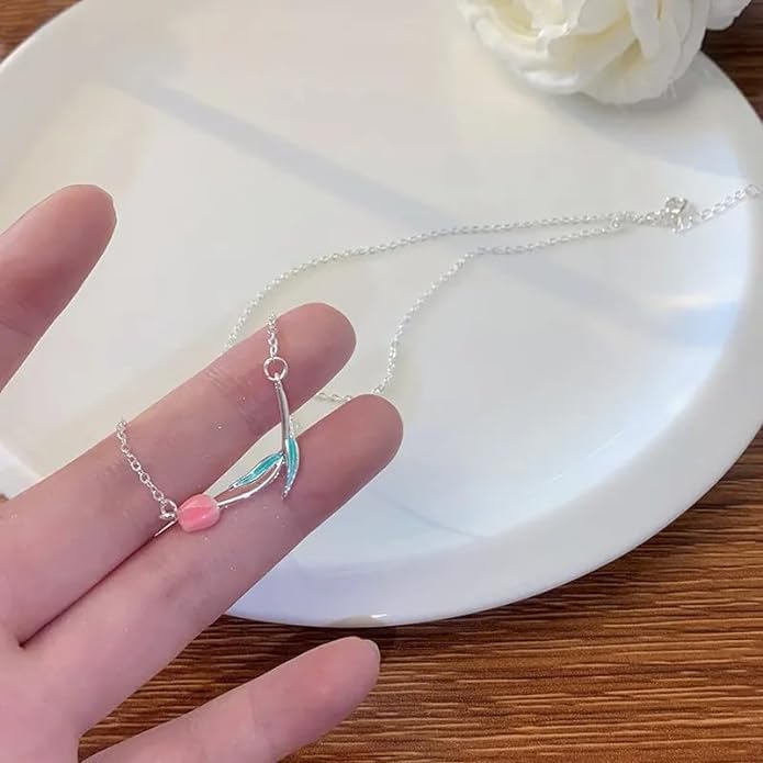 El Regalo 1PC Tulip Flower Bud Pearl Pendant Necklace for Girls & Women- Pink Oil Dripping Enamel Tulip Flower Necklace (Tulip Flower)