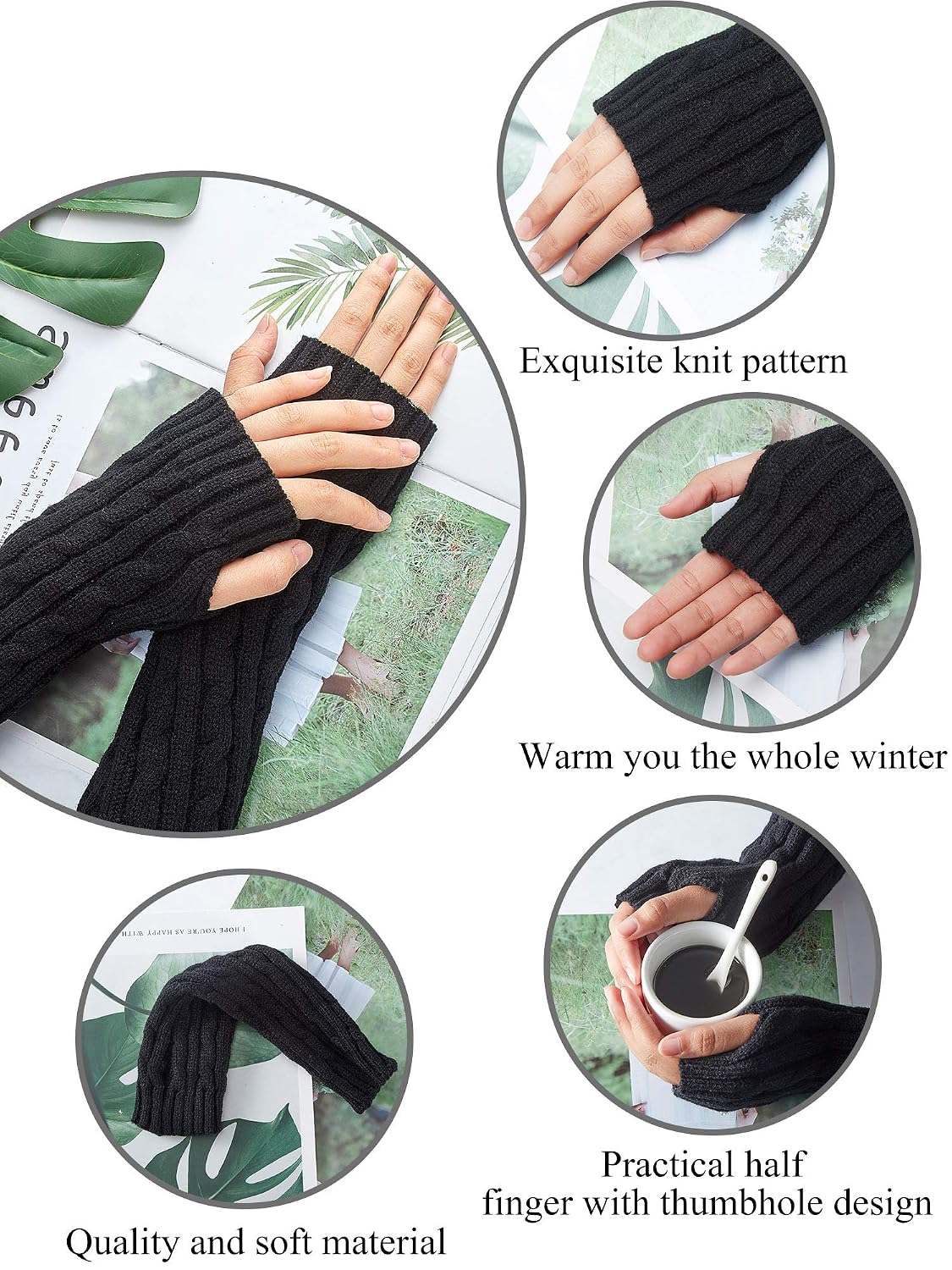 4 Pairs Knitted Arm Warmers Winter Long Fingerless Gloves With Thumb Hole Mittens for Women and Men