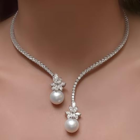 El Regalo Modern CZ Choker Necklace for Women & Girls | Minimalist Open Zircon Butterfly & Lariat Pearl Designs | Elegant Western Party Jewellery | Silver-Plated Statement Neckpiece | Ideal Birthday & Anniversary Gift (Lariat Pearl Droplet)