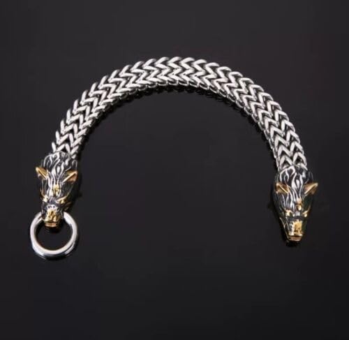 El Regalo Vintage Viking Stainless Steel Wolf Heads Bracelet Men's Punk Mesh Chain Rock Biker Jewelry