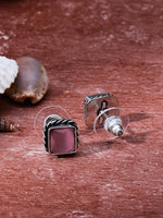 El Regalo 2 Pairs Silver Replica Oxidized Stud Earrings for Girls & Women - Square Monalisa Stone Brass Earrings - Traditional Antique Look Earrings (Option-5)