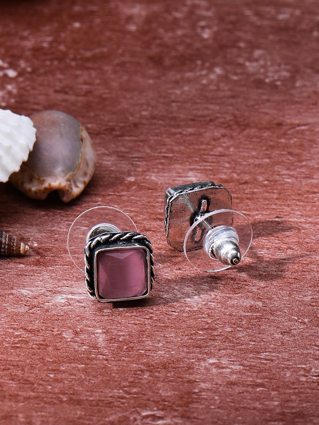 El Regalo 2 Pairs Silver Replica Oxidized Stud Earrings for Girls & Women - Square Monalisa Stone Brass Earrings - Traditional Antique Look Earrings (Option-5)