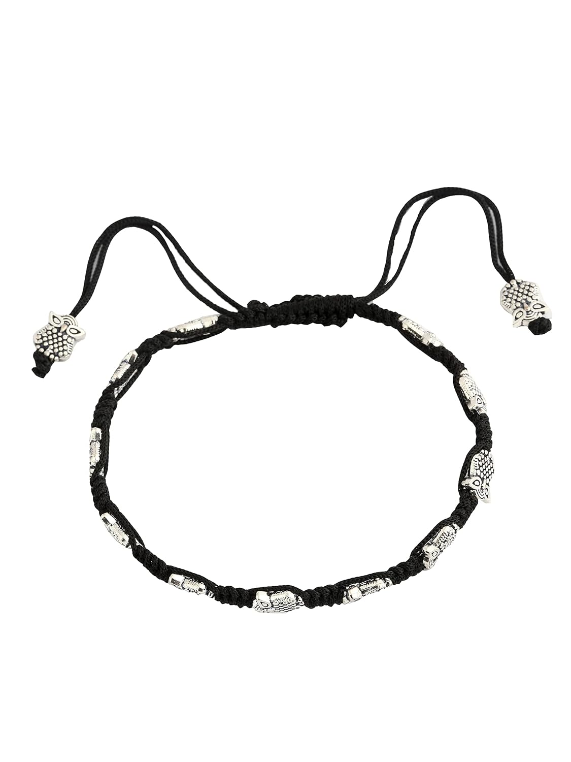 El Regalo 1 PC Boho Macrame Adjustable Oxidized German Silver Bead Nazabattu Anklet for Girls & Women- 1 Leg Bohemian Tribal Thread Anklet (Owl Nazarbattu Anklet)
