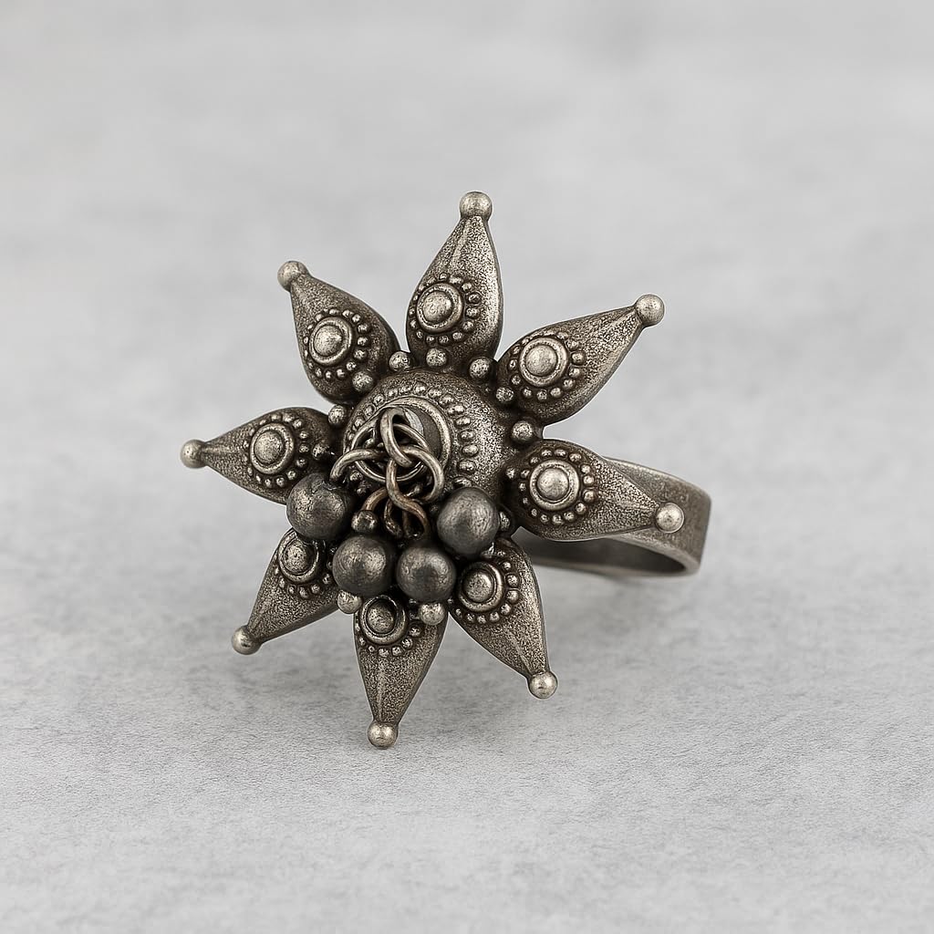 El Regalo Adjustable Oxidized Silver Floral Statement Ring for Women & Girls - Antique Traditional Finger Ring with Ghungroo Charm - Boho Ethnic Jewellery