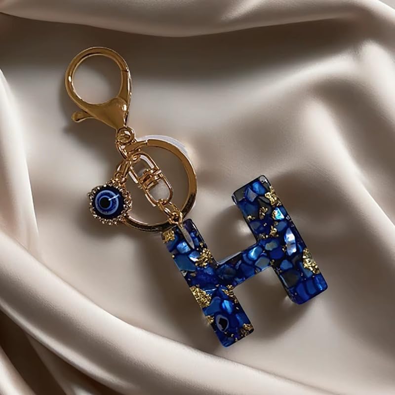 El Regalo Royal Blue Evil Eye Keychain Name Initial Letters- Alphabet Letter Keyring with Evil Eye Charm - Unisex Stylish Bag Charm, Keyring, Gift for Friends & Family (H Letter)