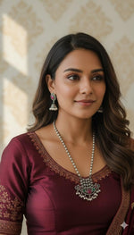 El Regalo Elegant Oxidized Designer Indian Ethnic Stones Necklace & Earrings Jewelry Set in Silver Finish (Ruby Red)