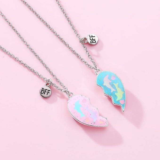El Regalo Girls 2 Pcs Bff Best Friend Forever Split Magnetic Matching Pendant Necklaces Set- Heart, Flower, Swan, Mermaid, Unicorn Pendant Friendship Necklaces (Bf Dolphin Pendants)