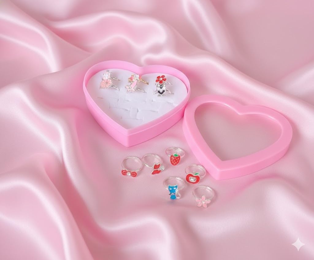 El Regalo 12 Pcs Cute Adjustable Rings Set for Kids/Girls/Women - Colorful Cartoon Enamel Finger Rings | Adjustable Cute Jewelry Gift Box - Butterfly, Flower, Bow, Heart, Cherry Designs (Style-4)
