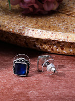 El Regalo 2 Pairs Silver Replica Oxidized Stud Earrings for Girls & Women - Square Monalisa Stone Brass Earrings - Traditional Antique Look Earrings (Option-2)