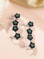 El Regalo Traditional Oxidized German Silver Non Pierced Floral Cuff Earrings for Women (Green Flower)