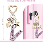 El Regalo Personalized Glitter Initial Letter Keychain for Girls & Women - Cute Pink Resin Alphabet Keyring with Heart & Star Charms - Fancy Luxury Bag Accessory & Birthday Gift (Letter V)