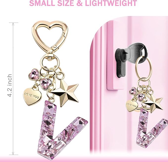 El Regalo Personalized Glitter Initial Letter Keychain for Girls & Women - Cute Pink Resin Alphabet Keyring with Heart & Star Charms - Fancy Luxury Bag Accessory & Birthday Gift (Letter V)