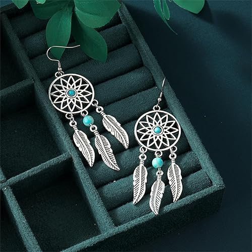 El Regalo Vintage Dream Catcher Feather Earrings Necklace for Girls/Women- Turquoise Bohemian Ethnic Fringe Tassel Dangle Jewelery Set