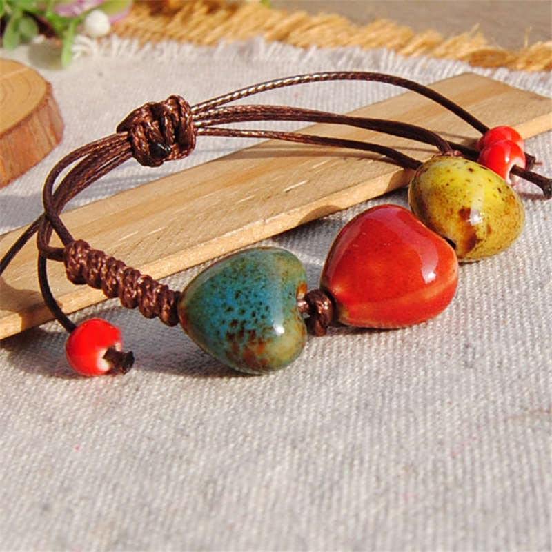 El Regalo Love Heart Ceramic Bracelet, Flower-Glazed Beaded Bracelet for Girls & Women - Adjustable Hearts Bracelet