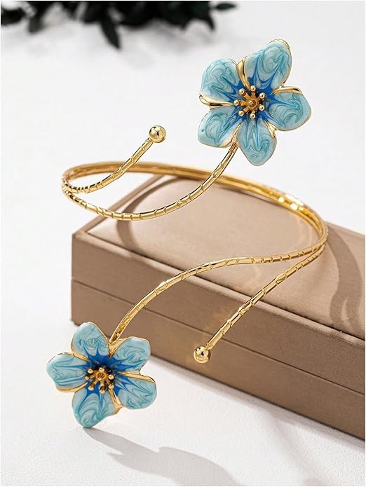El Regalo Floral Enamel Armlet/Bajuband for Women & Girls - Adjustable Gold-Plated Upper Arm Cuff Bracelet | Bohemian Armlet for Weddings, Festivals & Dance Performances (Blue)