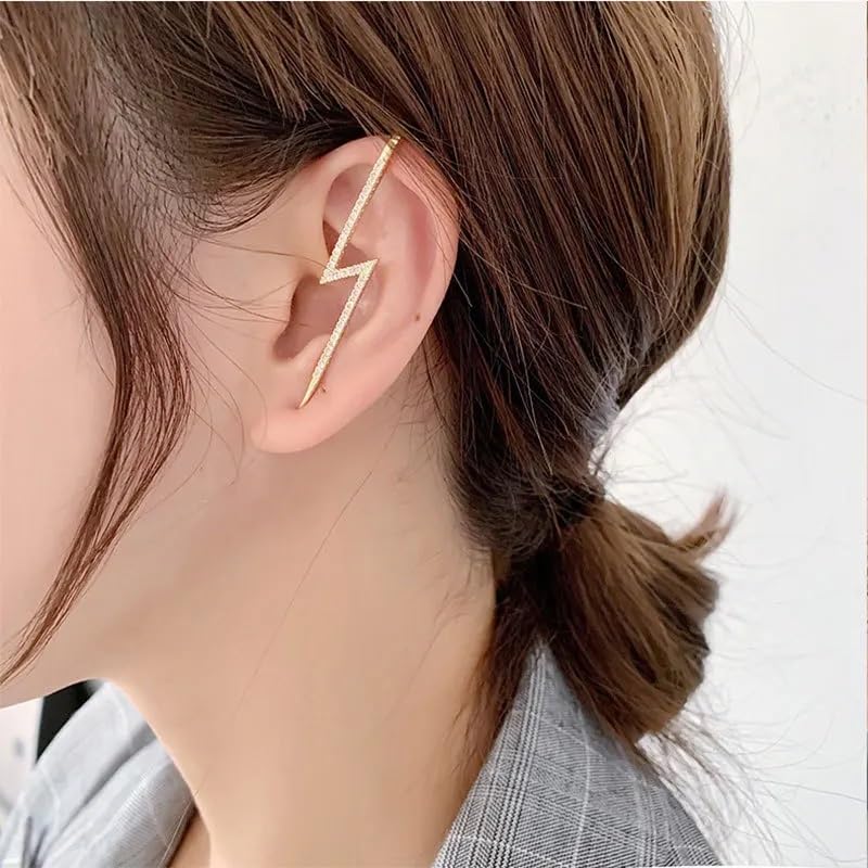 El Regalo 2PCs Fancy Lightning Bolt Edgy Hook Pin Ear Cuff Earring for Girls & Women - Ear Crawler Ear Pins (Gold)